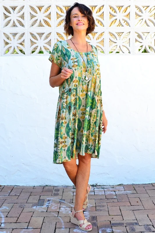 Abstract Green Pintuck Pleats Tunic Dress Country