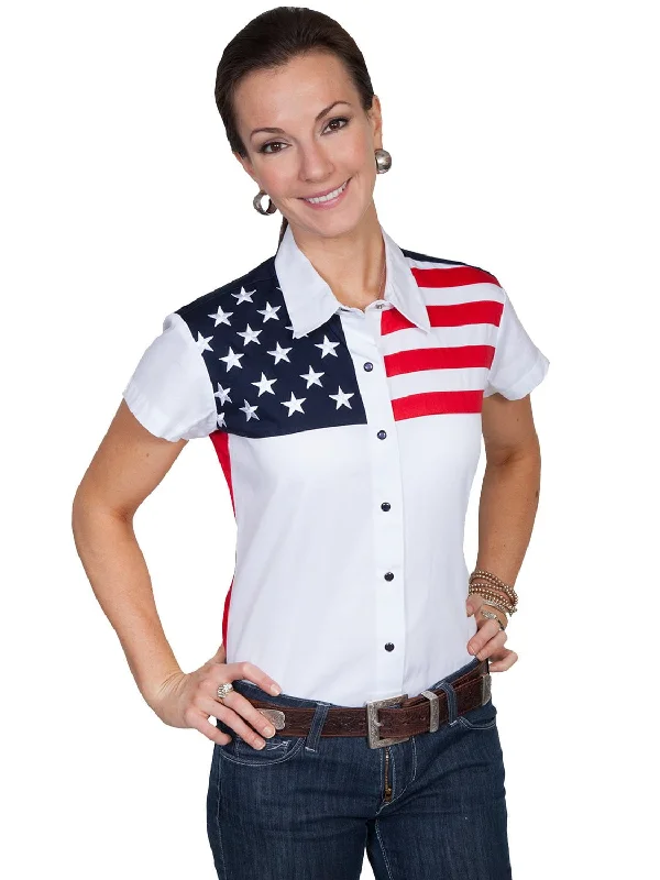 Scully Western Womens White 100% Cotton S/S USA Flag Western Shirt Laid - back Women's Style Scully Western Womens White 100% Cotton S/S USA Flag Western Shirt Laid - back Women's Style