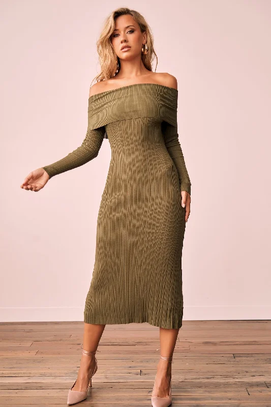 Top Notch Knit Midi Dress - Khaki Modern Women's Tech