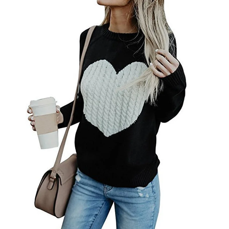Fashion Heart Sweater Wholesale Loose Long Sleeve Crew Neck Women Tops Earthy Women's 