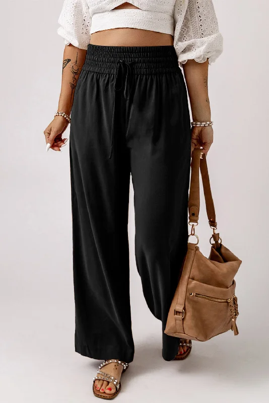 Drawstring Elastic Waist Casual Wide Leg Pants Relaxed Women's Beachy