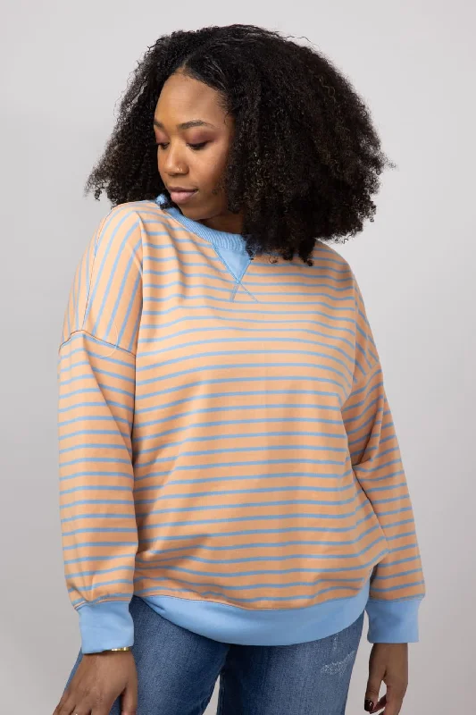 Striped French Terry Relaxed Sweatshirt for Women in Camel/Denim | IT2880S-03-CAMELDENIM Traditional Women's Striped French Terry Relaxed Sweatshirt for Women in Camel/Denim | IT2880S-03-CAMELDENIM Traditional Women's