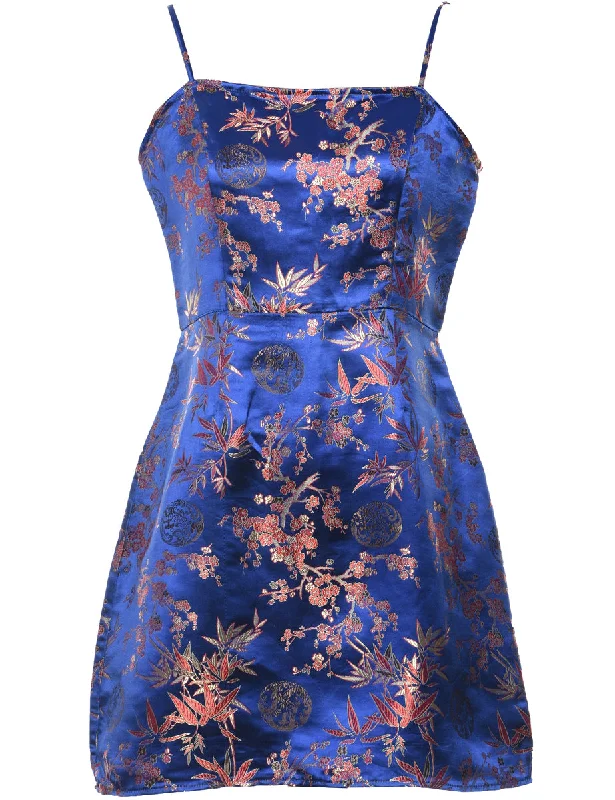 Brocade Pattern Blue Metallic Brocade Evening Dress - M Youthful Women's Pop