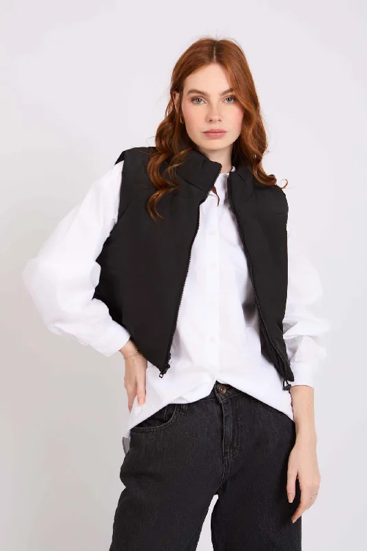 Women Cropped Puffer  Vest Black Sharp Women's Italian
