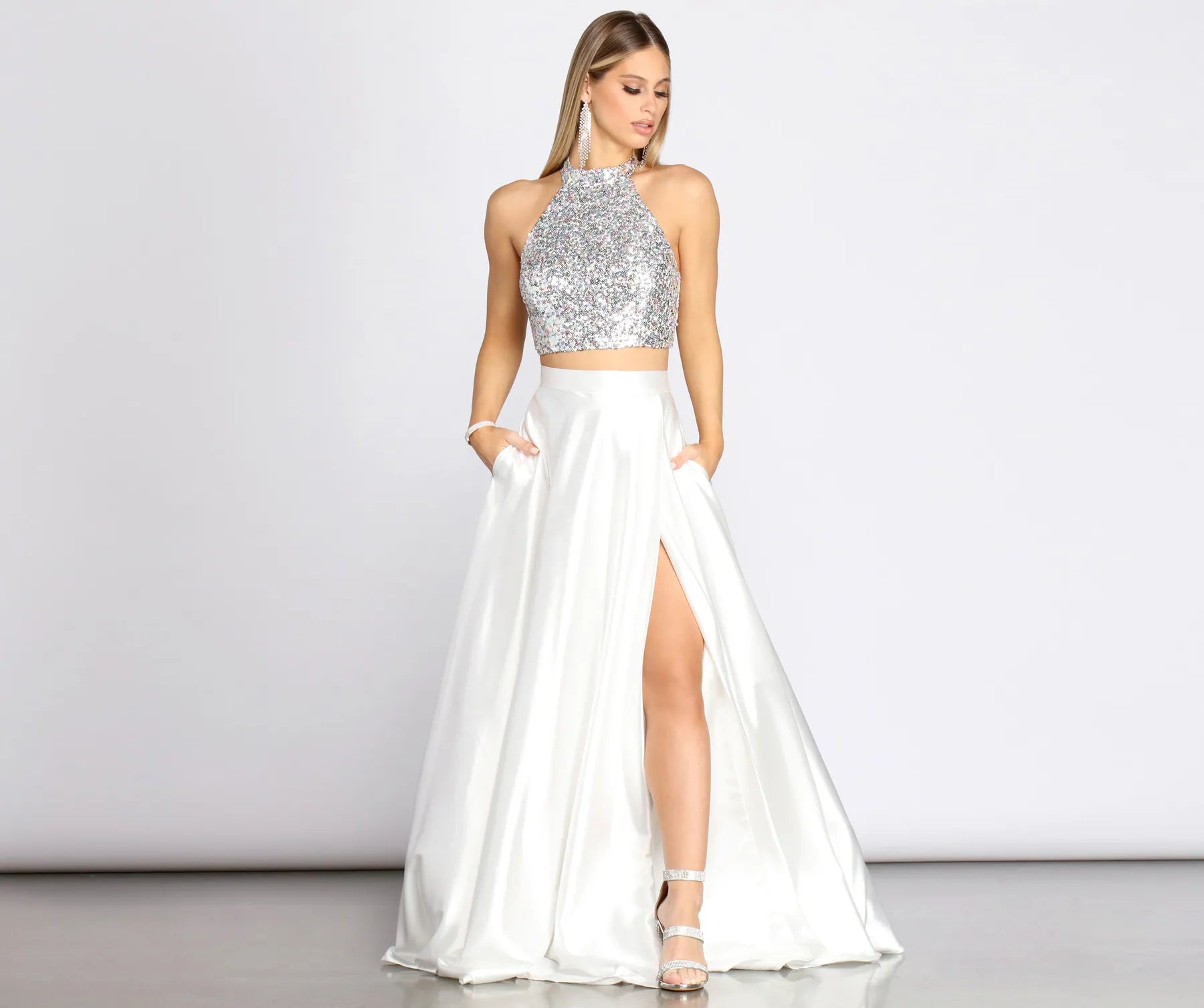 Atara Iridescent Sequin Two Piece Satin Dress Sporty Women's Tennis