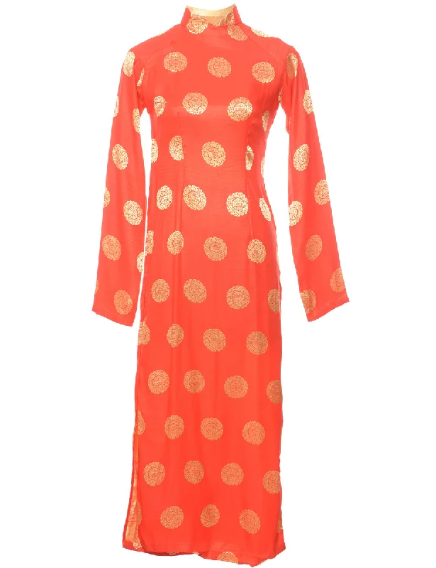 Brocade Design Red & Gold Cheongsam Collar Evening Dress - M Monochromatic Office Style