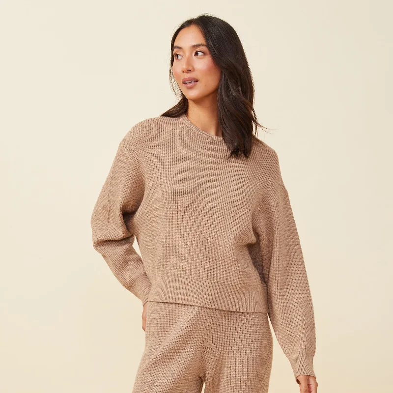 Soft Knit Waffle Crew Neck Sweatshirt Trendy Women's 