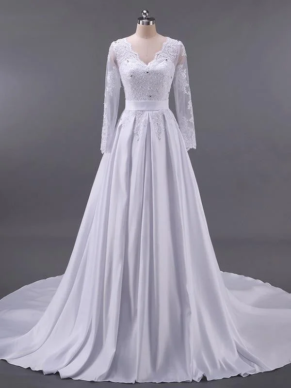 V-Neck Long Sleeve Lace Appliques A-Line Wedding Dresses