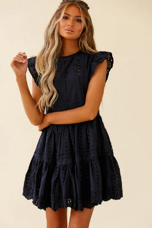 Louise Cap Sleeve Eyelet Embroidery Dress Navy Modern Women's 
