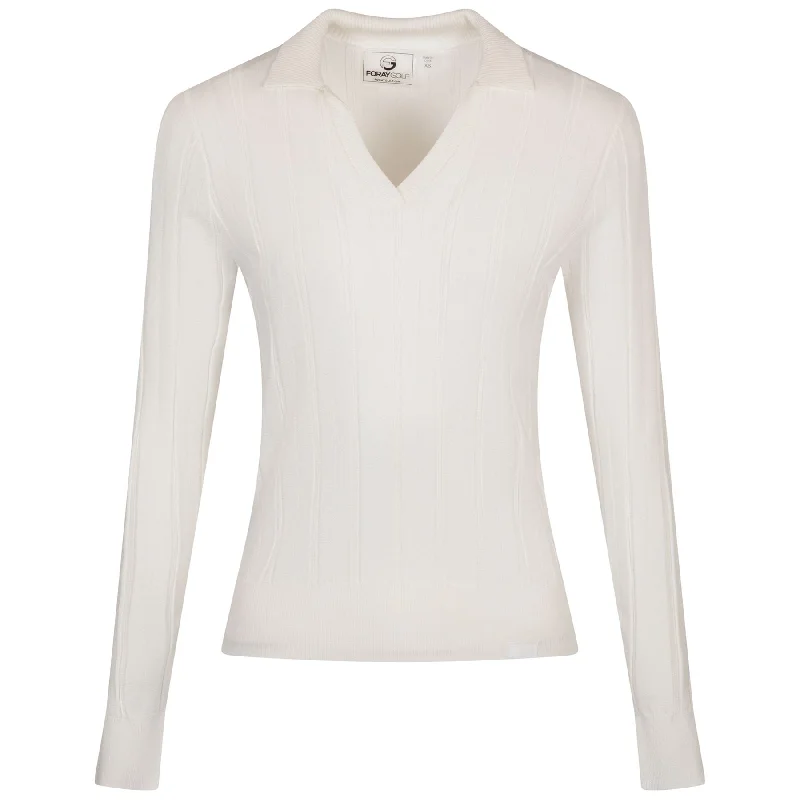 Womens LS Textured Knit Polo White - SS25 Contemporary 