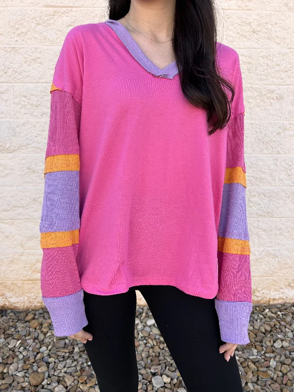 Check List Hot Pink Color Block Hoodie Top Confident Women's Power