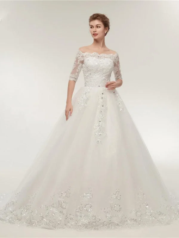 Off-the-Shoulder Half Sleeves Lace Ball Gown Wedding Dresses