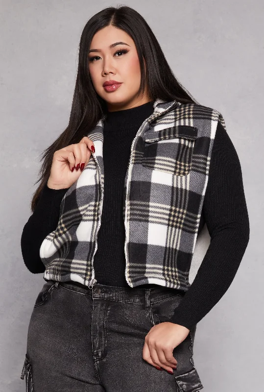 Plus Size Plaid Hooded Zip Front Vest Dynamic Women's Moto