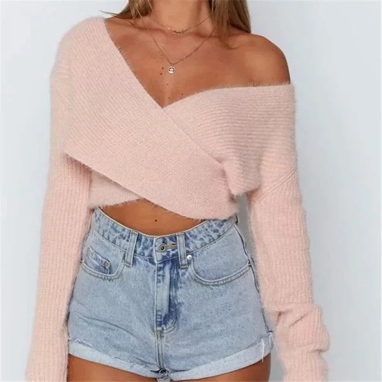 Fashion Solid Color Crossover Design V-Neck Sexy Womens Navel Cropped Tops Long Sleeve Knit Wholesale Sweater Earthy Women's Hemp - based Fashion Solid Color Crossover Design V-Neck Sexy Womens Navel Cropped Tops Long Sleeve Knit Wholesale Sweater Earthy Women's Hemp - based