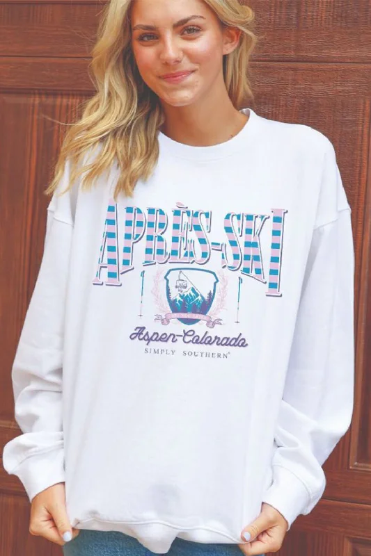 Simply Southern Après-Ski Fleece Sweatshirt for Women in White | CREW-APRES-WHITE Sleek Women's Metallic Simply Southern Après-Ski Fleece Sweatshirt for Women in White | CREW-APRES-WHITE Sleek Women's Metallic