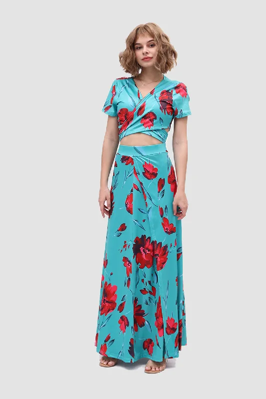 V-neck Allover Floral Side Slit Two-Piece Dress