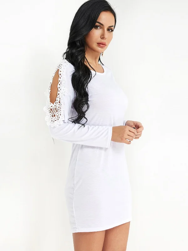 Wholesale Round Neck Cold Shoulder Lace Long Sleeve Bodycon Hem White Mini Dress