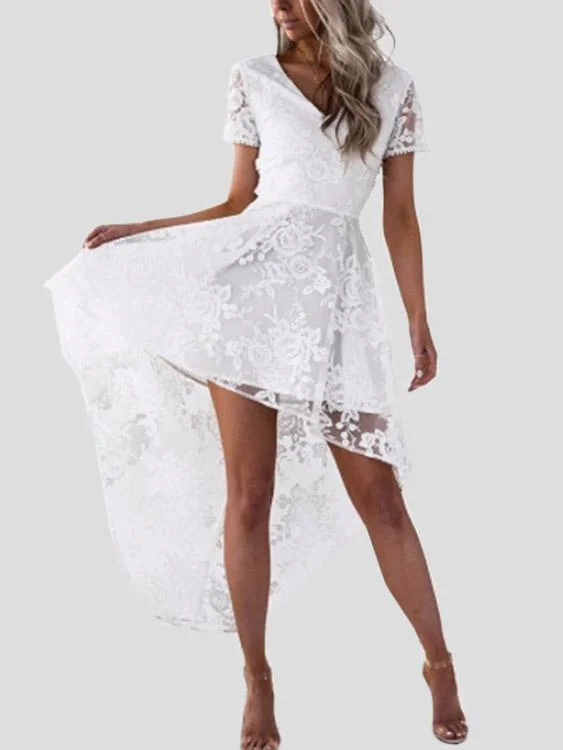 Wholesale White V-Neck Short Sleeve Sheer Lace Backless Lace-Up Irregular Hem Mini Dress