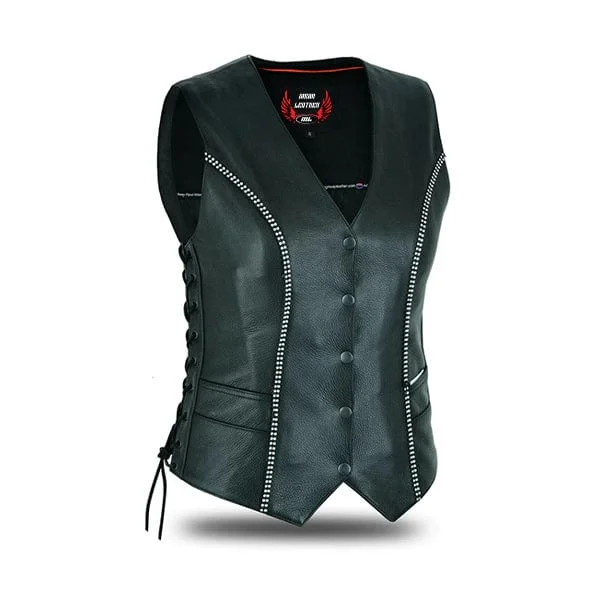 Women's Black Leather Motorcycle Bling Vest With Rhinestone Detailing Unique Women's Upcycled