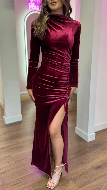 Sibyl Burgundy High Neck Velvet Ruched Tie Detail Midi Dress