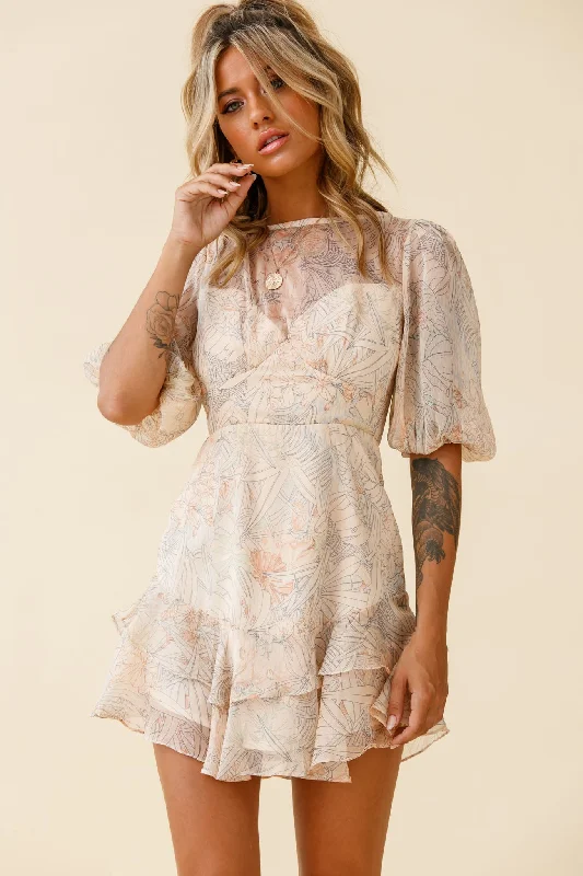 She Knows Puff Sleeve Ruffle Trim Dress Botanic Print Nude garde