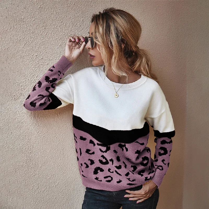 Fashion Leopard Long Sleeve Top Casual Crew Neck Women Wholesale Sweaters Unique Women's Upcycled