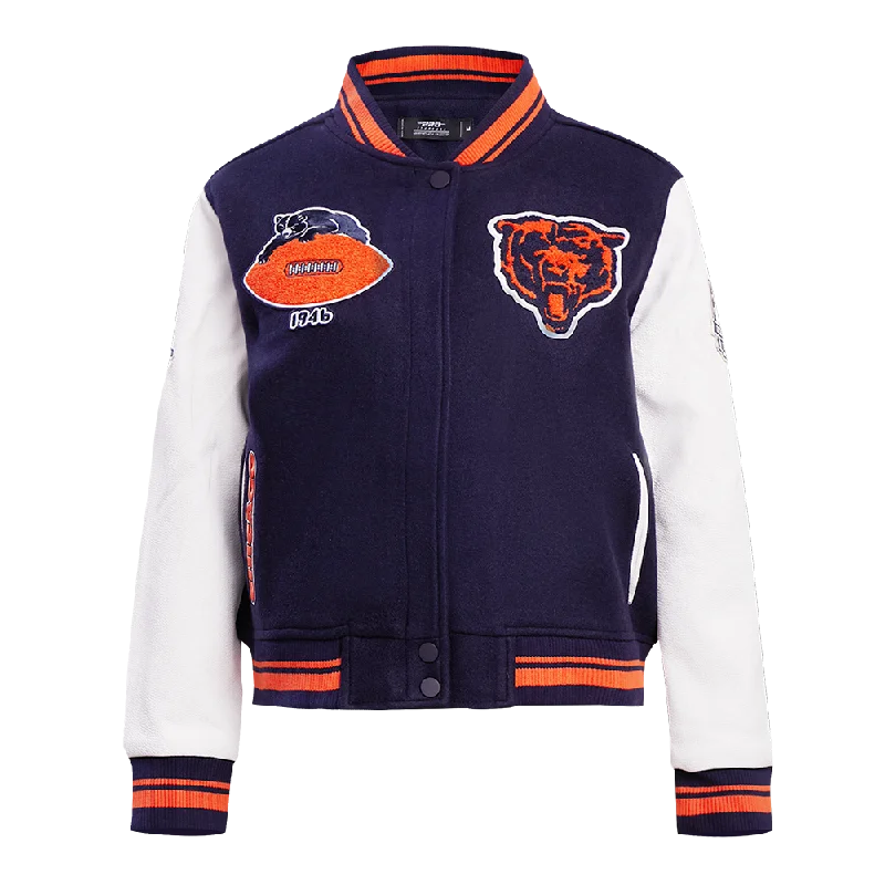 NFL CHICAGO BEARS RETRO CLASSIC WOMEN'S RIB WOOL VARSITY JACKET (MIDNIGHT NAVY/ORANGE/MIDNIGHT NAVY) Dapper Women's 1920S