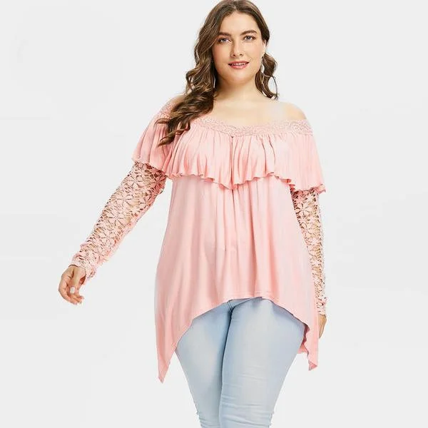 ANALUKE Lace Sleeve Ruffle Top Women Long Sleeve T-Shirt