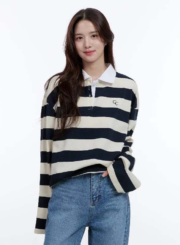 Boxy Collared Buttoned Oversize Tee OO407 Sporty Women's Tennis