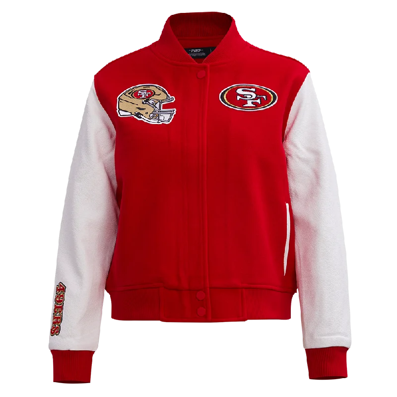 NFL SAN FRANCISCO 49ERS CLASSIC WOOL WOMEN'S VARSITY JACKET (RED/WHITE) Streetwear Style for NFL SAN FRANCISCO 49ERS CLASSIC WOOL WOMEN'S VARSITY JACKET (RED/WHITE) Streetwear Style for