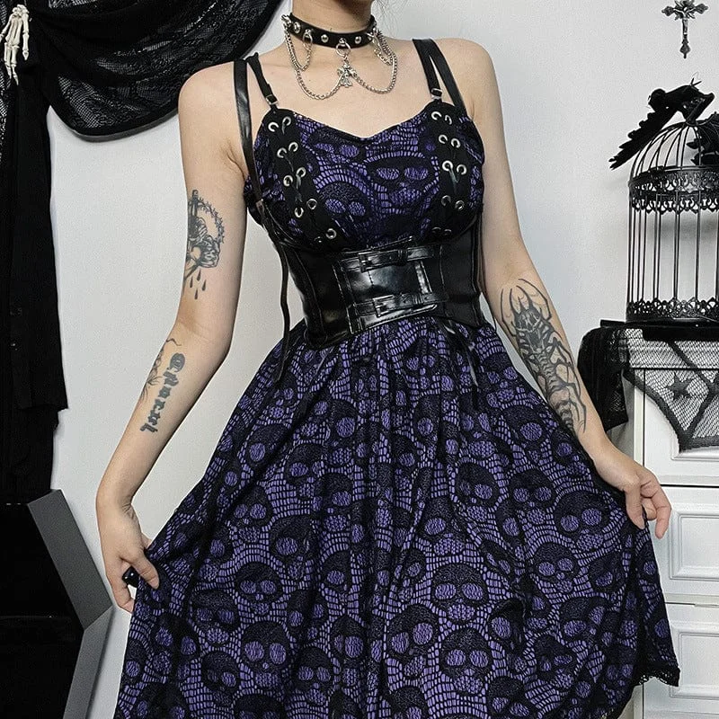 Women's Gothic Mesh Skull Lace-up Slip Dress Traditional Women's 