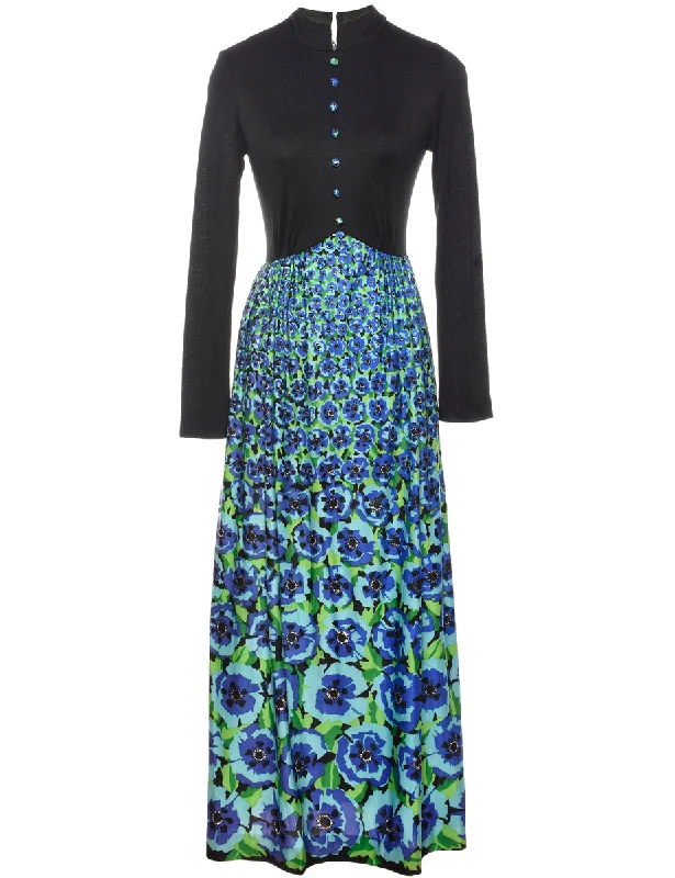 Black, Blue & Green Floral 1970s Maxi Dress - S Feminine Women's Soft 