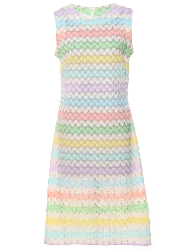 1970s Embroidered Pastel Multi-Colour Sleeveless Dress - M