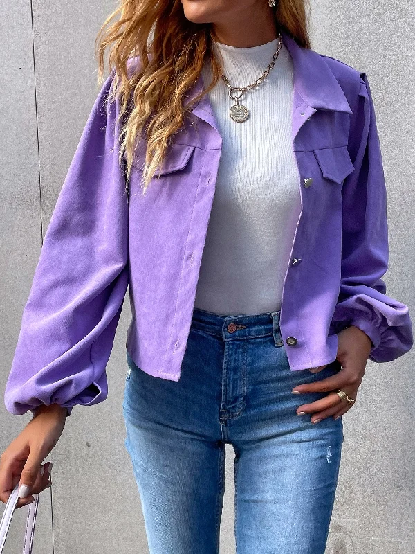 Casual Plain Long Sleeve Collar Crop Women Jacket