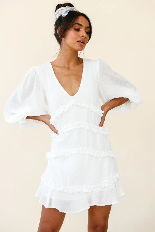 Tabitha Balloon Sleeve Loose Fit Frill Detail Dress White Women