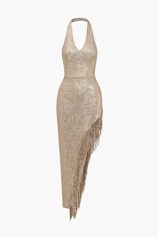 Backless Fringe Sequin Midi Dress Hip Women's Urban