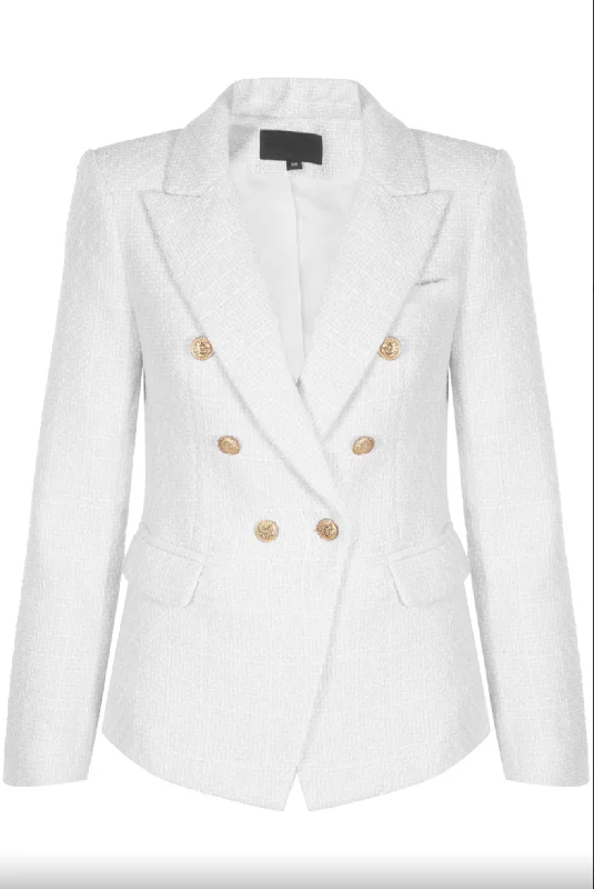 Clancy - Premium White Contrast Knit Thread Gold Button Blazer Cozy Women's Sherpa - lined