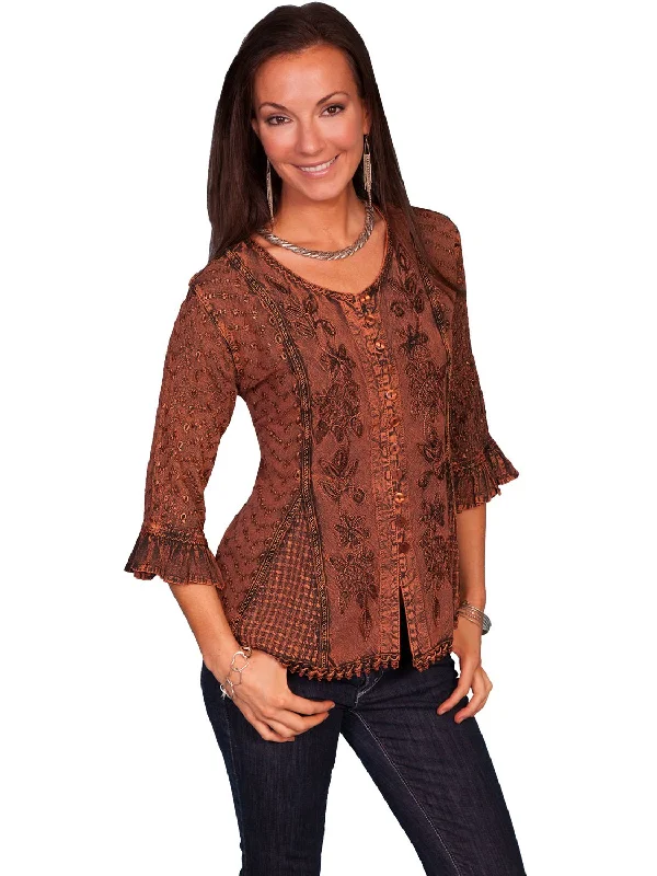 Scully Honey Creek Womens Blouse Copper 100% Rayon Embroidered 3/4 Sleeve Hip Women's Retro Scully Honey Creek Womens Blouse Copper 100% Rayon Embroidered 3/4 Sleeve Hip Women's Retro
