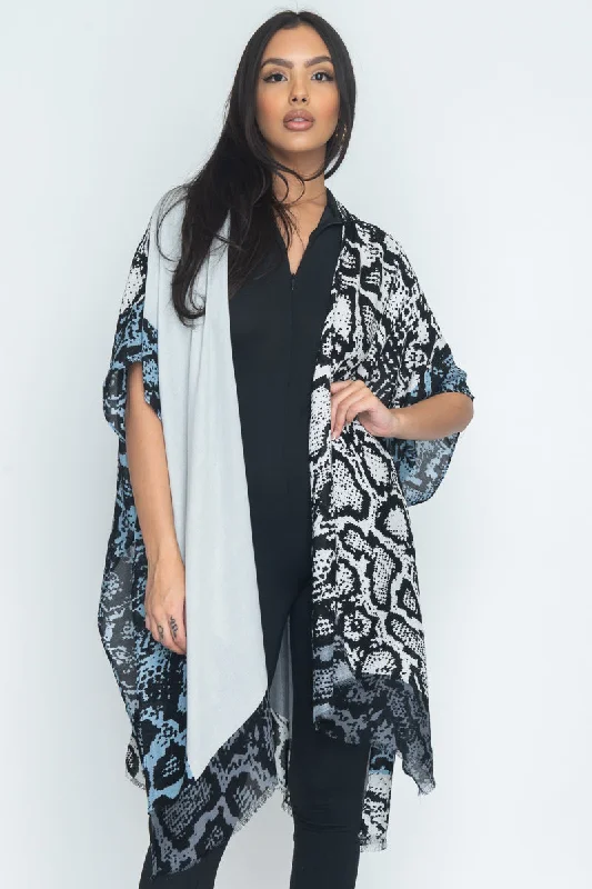 Python And Solid Print Long Cardigan Cover-up Kimono Unfinished Hem (R103131/RN94522) Sleek Women's Metallic