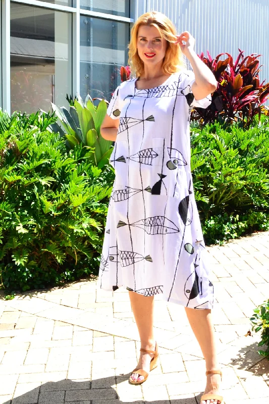 White Linen Cotton Print Tunic Dress Hip Women's Urban