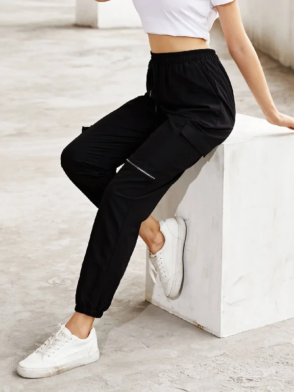 Casual Plain Zipper High Waist Cropped Women Pants