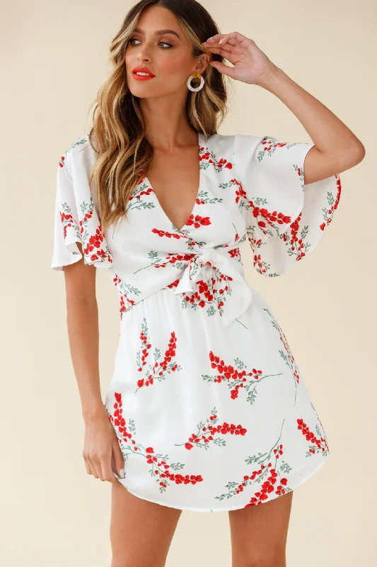 Stealing Hearts Flutter Sleeve Wrap Front Dress Floral Print White Scandinavian