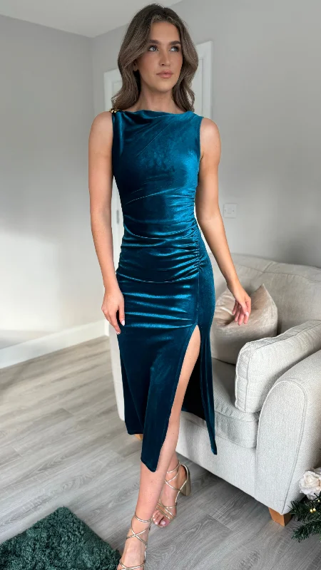 Monroe Blue Velvet Finish Shoulder Detail Midi Dress