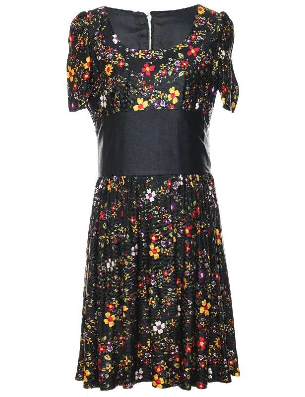 1970s Floral Print Multi-Colour Dress - M