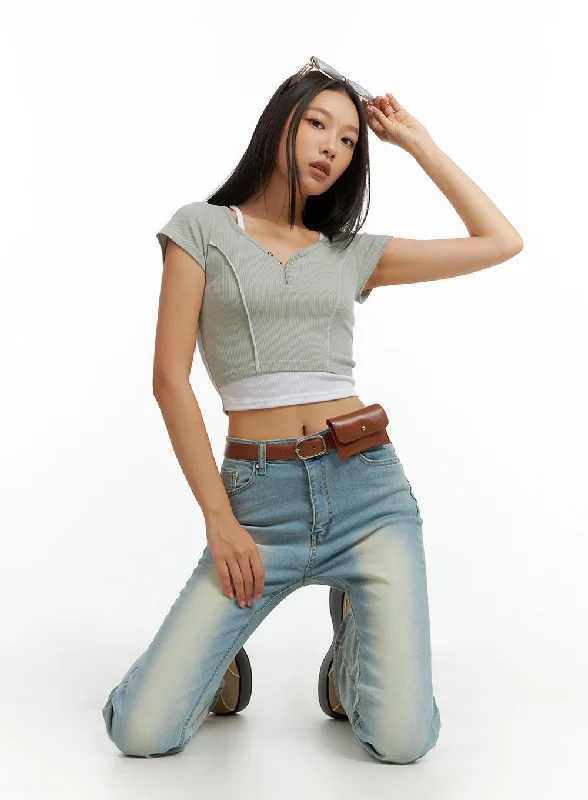 V-Neck Buttoned Crop Top IL409 Rugged Women's Outdoor 