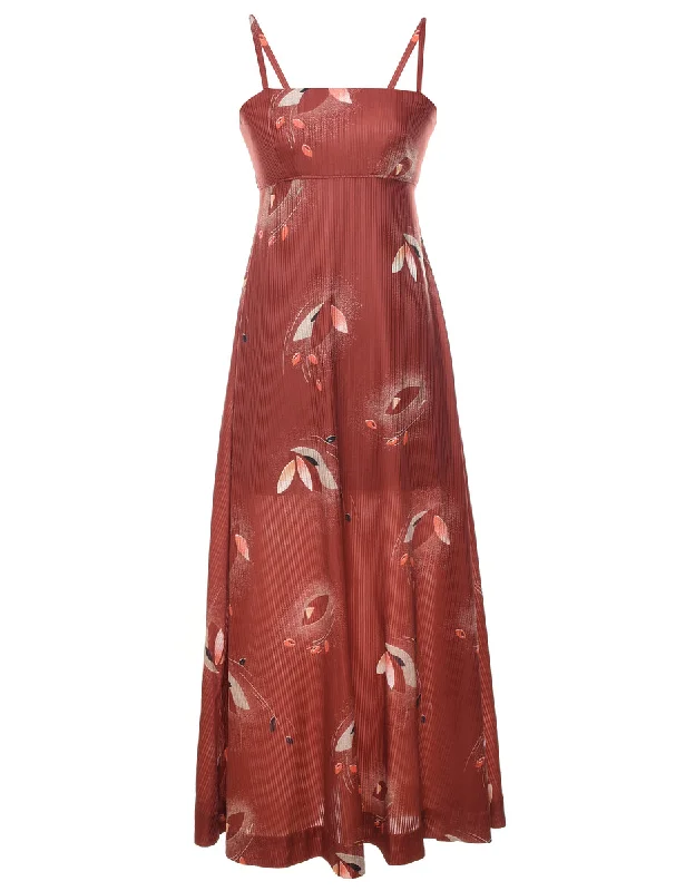 1970s Floral Print Maroon Strappy Maxi Dress - S