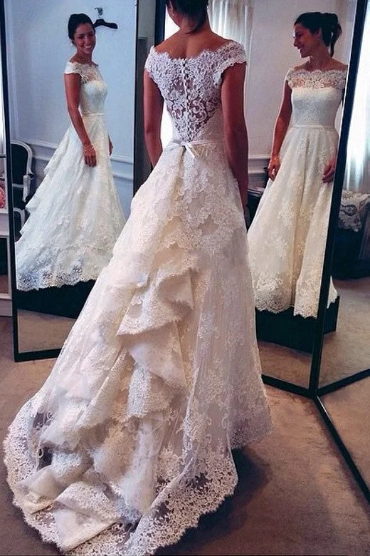Bateau Cap Sleeves Lace Wedding Bridal Dress with Cascade Train Minimalist Women's Casual Bateau Cap Sleeves Lace Wedding Bridal Dress with Cascade Train Minimalist Women's Casual