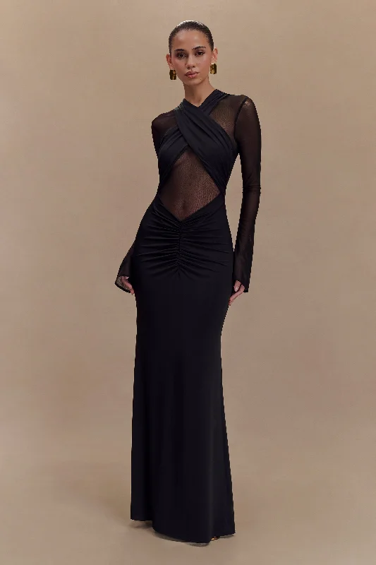 Tania Slinky And Mesh Long Sleeve Maxi Dress - Black Geometric