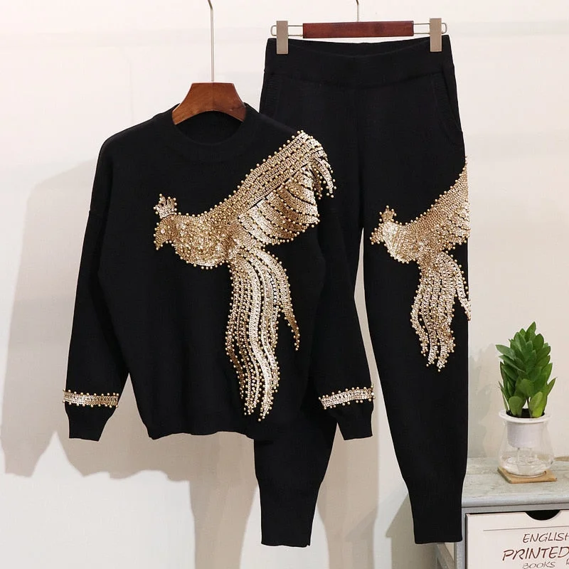 Golden Phoenix Beaded Sequined Knit Sweater & Pants Set Earthy Women's Hemp - based