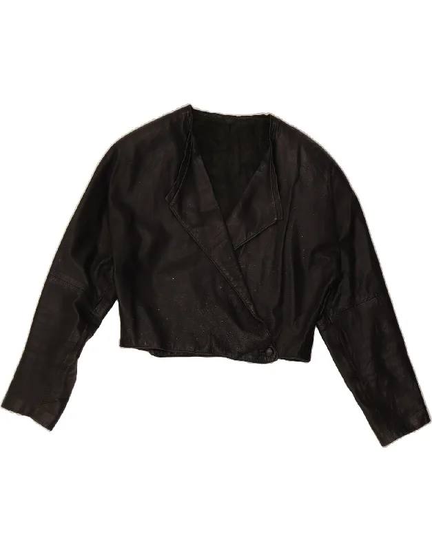VINTAGE Womens Crop Leather Jacket IT 42 Medium Black Leather Sustainable Organic